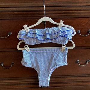 Bikini. Size Medium.  Blue pinstripe white with white background.